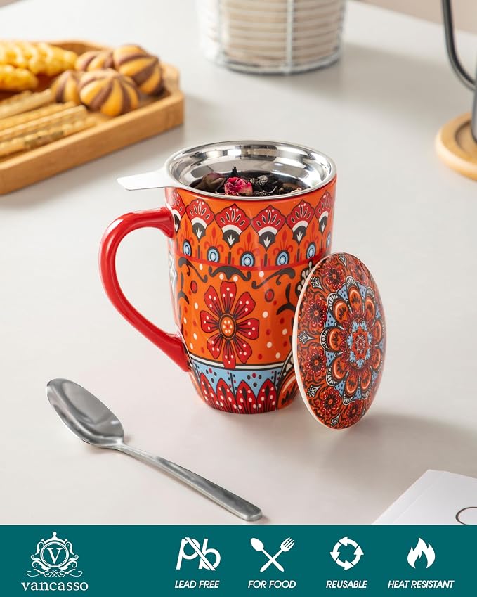 vancasso 18 Oz Tea Infuser Mug with Lid, Crimson Sunburst | Eye-Catching Bohemian Pattern, Adds Charm to Any Tea Corner, Ceramic Mug with Infuser, Microwave and Dishwasher Safe