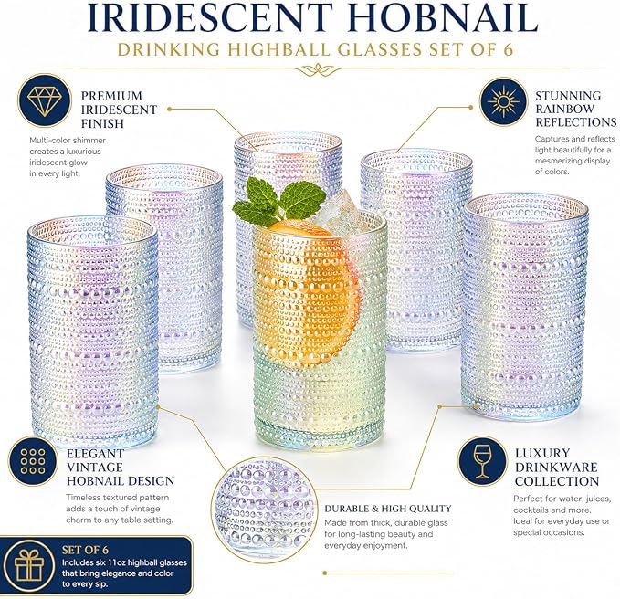 Hobnail Beaded Highball Drinking Tumbler Glasses | Set of 6 | Iridescent Pearl Vintage Bubble Design Glassware, Old-Fashioned, Embossed Design, Water, Wine, Cocktail Embossed Heavy Glass, Rocks Glass