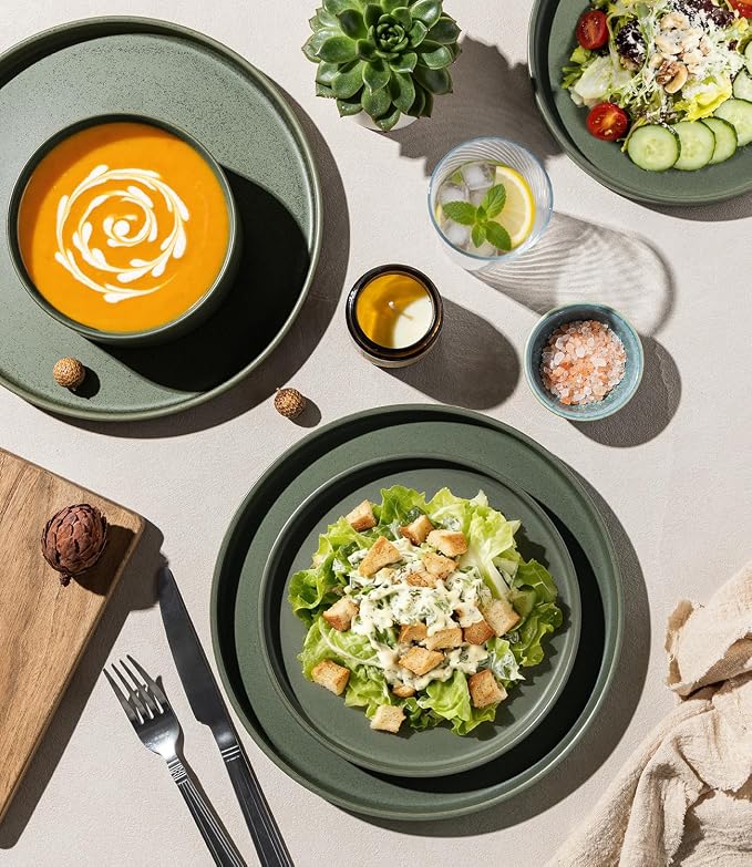 LERATIO Stoneware Dinnerware Sets for 4,12-Piece Matte Plates and Bowls Set | Handmade High Edge Rim Dish Set,Oven & Microwave,Dishwasher Safe,Scratch Resistant-Green