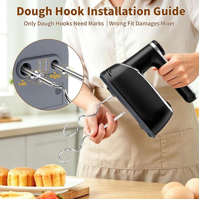 binROC Cordless Electric Hand Mixer, 12-Speed with Storage Case, Black | Rechargeable, Eject Button, LED, Self-Stand, 6×304 Stainless Attachment, Overheat Protection, Quiet for Baking Dough Cake Egg