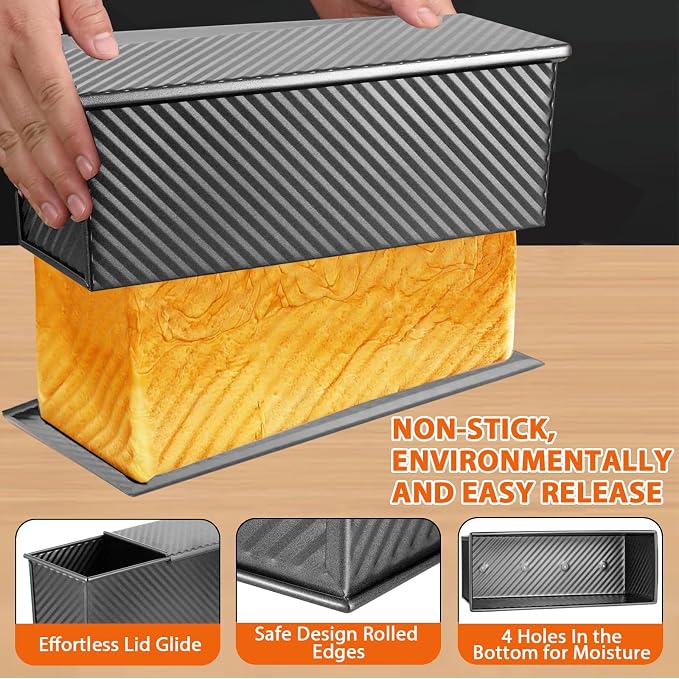 Non-Stick Pullman Loaf Pan with Lid 13x4 Inch - 2.2lb Carbon Steel Bread Baking Pan with 4 Vent Holes, Heavy Duty Sourdough Loaf Pan with Cover for Homemade Sandwich Bread (Black)