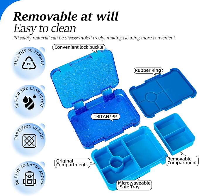 Bento Lunch Box, Snack Bento Lunch Containers Boxes, Shiny Blue | 5/6 Compartments, 3 Cups BPA Free, Dishwasher Safe, for Kids, Back to School, On-the-Go Meal, Ages 3+, School