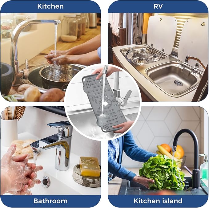 2 Pcs Silicone Faucet Handle Drip Catcher Tray, 2 in 1 Dish Soap Sponge Holder for Kitchen Sink & Splash Guard, Drying Mat for Sink Accessories, Counter, Bathroom