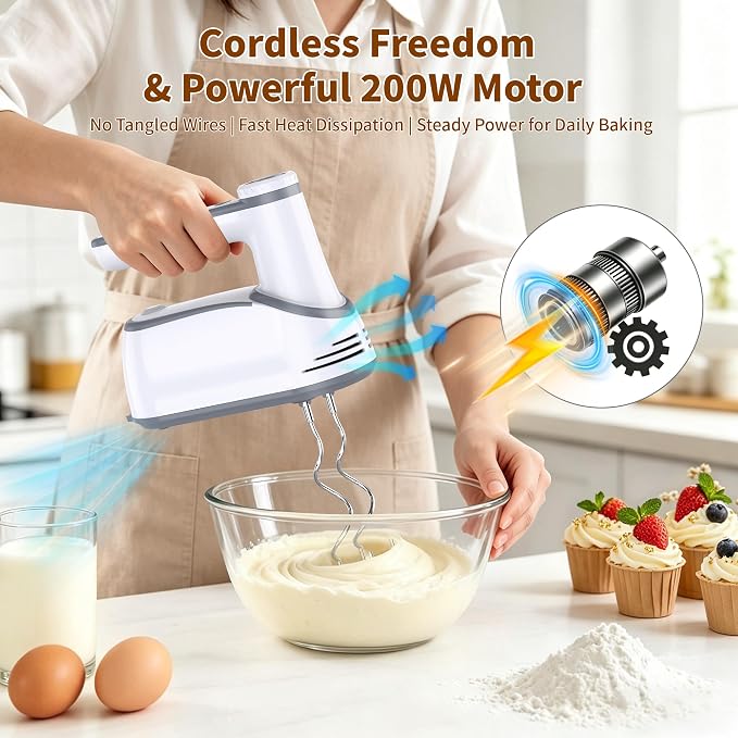 binROC Cordless Electric Hand Mixer, 12-Speed with Storage Case, White | Rechargeable, Eject Button, LED, Self-Stand, 6×304 Stainless Attachment, Overheat Protection, Quiet for Baking Dough Cake Egg