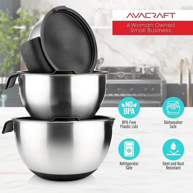 AVACRAFT 18/10 Stainless Steel Mixing Bowl Set with Lids, Black | Non-Slip Silicone Base, Ergonomic Handles, Pour Spouts, Interior Measurement Marks, Nesting Design, Dishwasher Safe