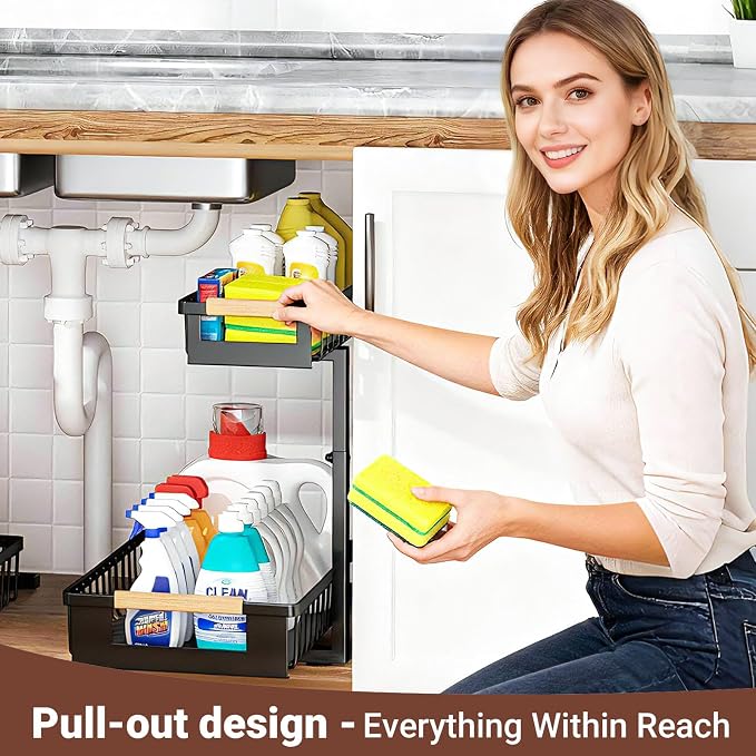 Under Sink Organizers and Storage, 2 Pack L-Shaped Pull Out Cabinet Organizer, 2 Tier Sliding Storage Rack with Adjustable Height, Metal Under Sink Shelf for Kitchen, Bathroom, Pantry, Black
