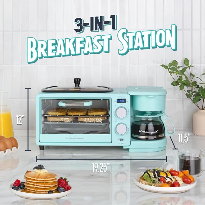 Nostalgia 3-in-1 Retro Breakfast Station - Includes 5 (4 Oz) Cup Coffee Maker, Non-Stick Ceramic Griddle, and 4-Slice Toaster Oven - Built-In Timer, Reusable Coffee Filter, Space-Saving Design - Aqua