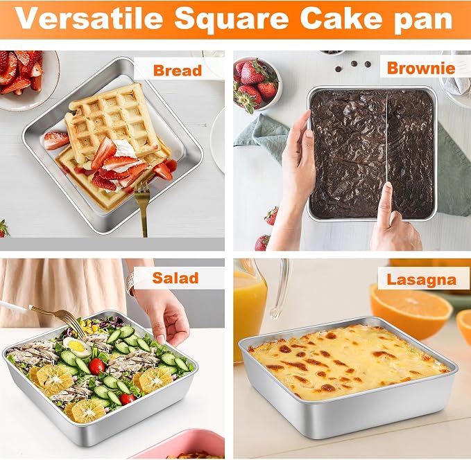 TeamFar 6 x 6 Baking Pan, Square Cake Pan with Lid - 1 Pan + 1 Lid | Stainless Steel for Baking Cooking Brownie Lasagna, Portable for Home Outdoor Camping, Non-Toxic & Dishwasher Safe