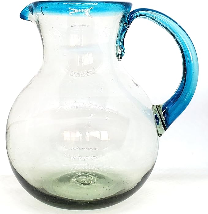 Aqua Blue Rim 120 oz Large Bola Pitcher, Recycled Glass, Lead-free, Toxin-Free (Pitcher)