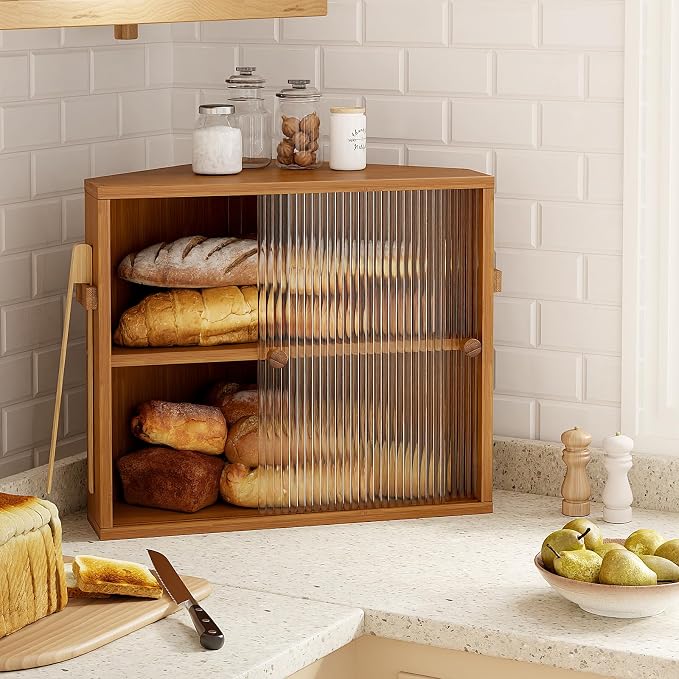 Corner Bread Box with Sliding Acrylic Doors, Double Layer Bread Bin | Bread Box for Kitchen Countertop, Bamboo Bread Storage Container, Large Capacity Vintage Farmhouse, Caramel, Meduim