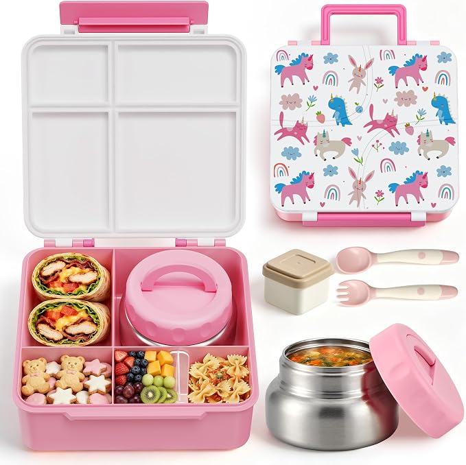 JSLOVE Bento Lunch Box with Leak Proof Thermos Food Jar for Kids, Food Lunch Containers for Girls with 4 Compartments, BPA-Free with Utensils, Food Picks, Sauce Jar & Silicone Lunch Box Dividers