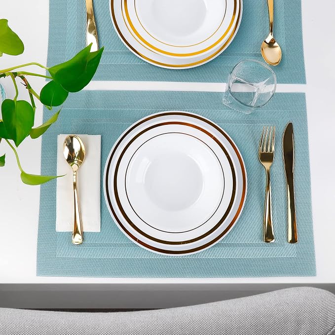 Blue Placemats Set of 6, Woven Vinyl PVC Place Mats for Dining Table, Heat Resistant Washable Table Mats, 17 x 12 in