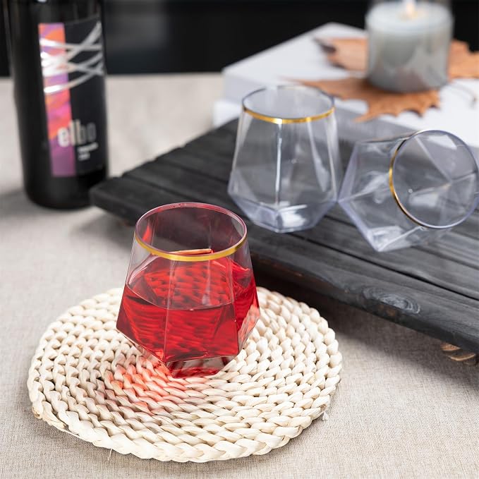 Lullaby 40PCS 12Oz Stemless Plastic Wine Glasses Gold Rim, Diamond Design | Clear Disposable Wine Cups for Champagne Whiskey Cocktail, Perfect for Parties, Weddings and Daily Use