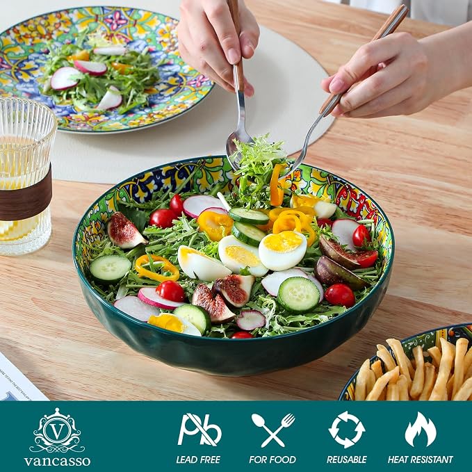 vancasso Large Serving Bowls,78 Oz Salad Bowls Set of 2, Green | Bohemian Decorative Bowls for Salad, Fruit, Pasta and Dinner, Serving Dishes Set for Party, Dishwasher & Microwave Safe
