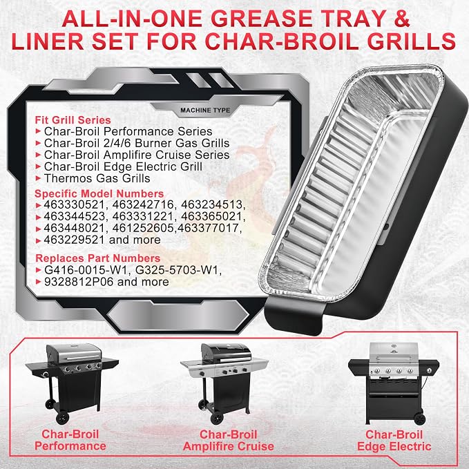 G416-0015-W1 Grease Tray for CharBroil Performance 463242716 463234513 | Fits CharBroil 463344523 G325-5703-W1 463331221 463365021 463448021 9328812P06 parts, with 10 Pack aluminum foil drip pan