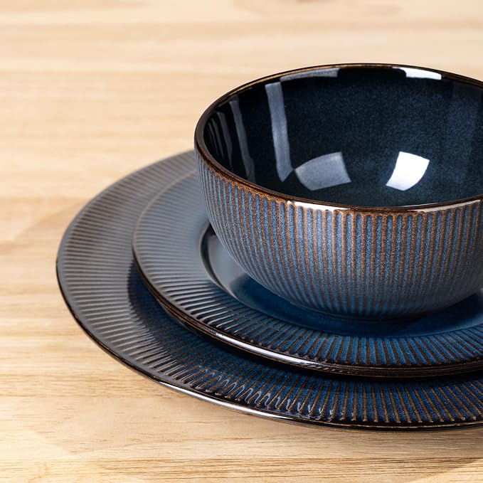 GBHOME Ceramic Dinnerware Sets of 4,12 pcs Plates and Bowls Sets Dishes | Embossed Elegant Stoneware Dishes Set | Dishwasher & Microwave Safe | Service for 4