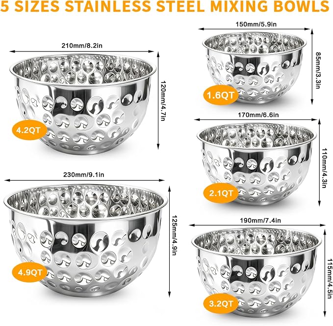 5-Piece Stainless Steel Mixing Bowls Set | 4.9/4.2/3.2/2.1/1.6QT, Hammered Design, Food-grade, for Kitchen Meal Prep, Baking, Movie Night, Party