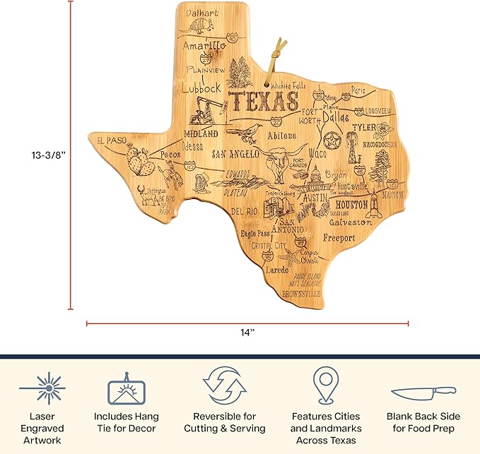Totally Bamboo Destination Texas State Shaped Cutting Board | State charcuterie serving board with engraved map artwork. Smooth reverse side for food prep. Hang tie for wall display.
