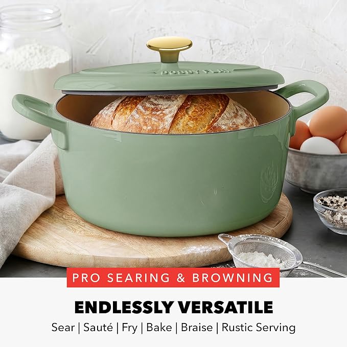 GreenPan x Bobby Flay 5.5QT Enameled Cast Iron Dutch Oven With Lid, Green | Casserole Pot for Braising, Stews, Bread Baking & Searing, Self-Basting Lid, Induction Ready, Oven Safe To 500, Gold Lid Knob
