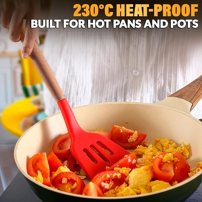 12 Pcs Red Kitchen Utensils Set with Holder – Versatile Silicone Utensils Set for Cooking and Baking, Gentle on Pots and Pans, Heat-Resistant, Stylish, Easy to Clean, Red Kitchen Accessories