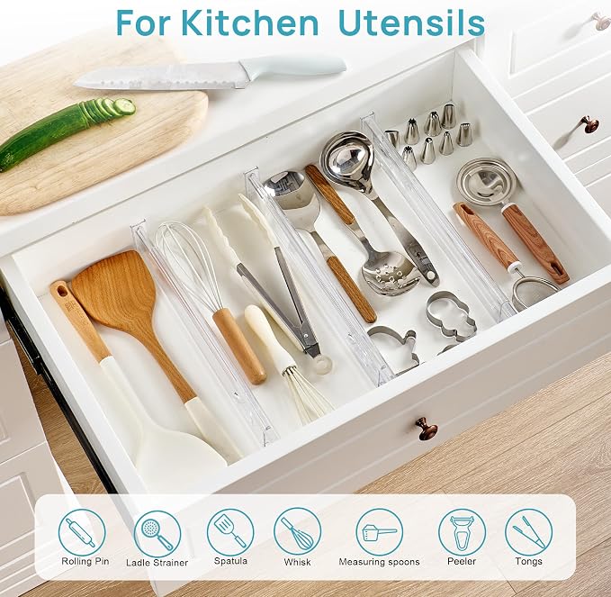 Vtopmart 2.36" Short Upgrade Drawer Dividers 12.8"-22.3" Expandable 8 Pack | Adjustable Kitchen Drawer Organizer, Clear Plastic Separator for Flatware, Utensils, Cutlery, Underwear Storage, Space Saving
