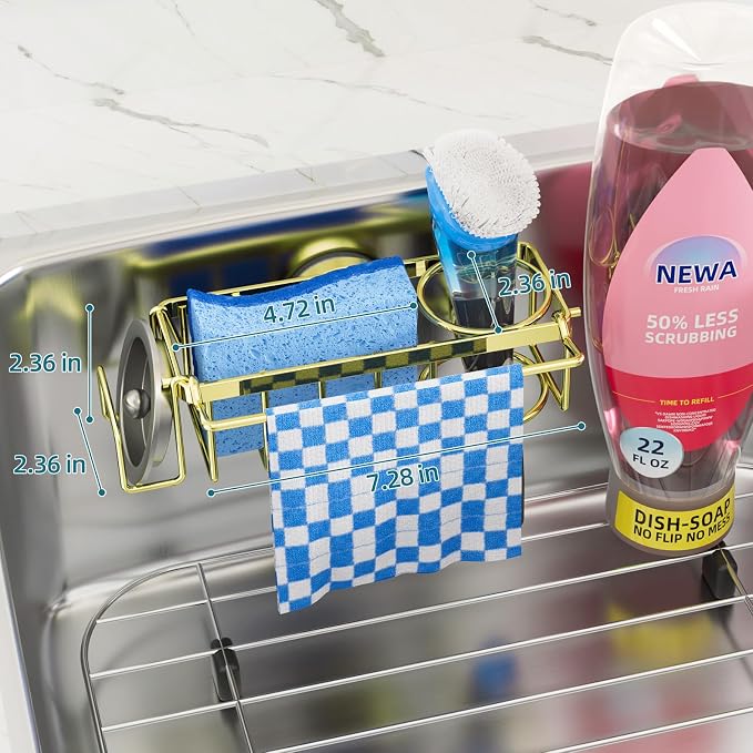 TAILI 4-in-1 Sink Caddy for Kitchen Sink with Strong Suction Cup-Gold | Removable Sponge Holder for Kitchen Sink Organizer, Rustproof 304 Stainless Steel Holder for Sponge, Brush, Scrubber, Scraper