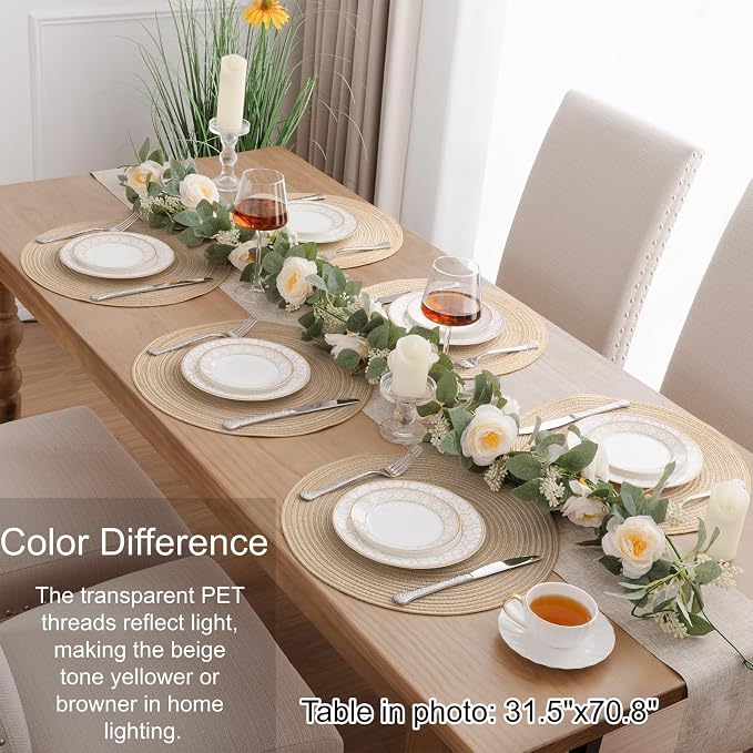 SHACOS 15 inch Beige Round Placemats Set of 12 for Dining Table Woven Braided Circle Place Mats Kitchen Placemat Washable Table Mats