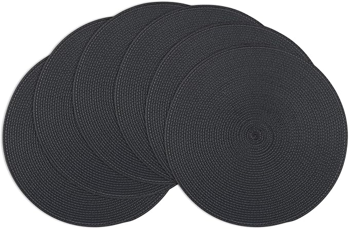Winknowl Round Braided Placemats Set of 6 Washable Woven Heat Resistant Table Mats for Kitchen Dining Tables 15 inch Round Place Mats (Black,6pcs)