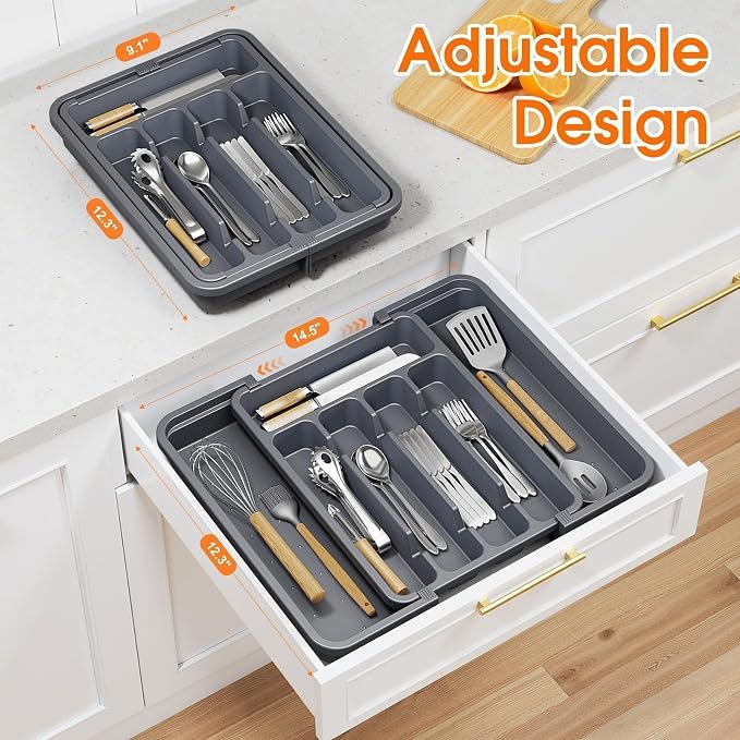 SpaceHacks Silverware Organizer，Adjustable & Expandable Drawer Organizer | Utensil Drawer Organizer, BPA Free Utensil Holder, Cutlery Tray for Forks, Spoons, Knives in Kitchen, Medium, Grey