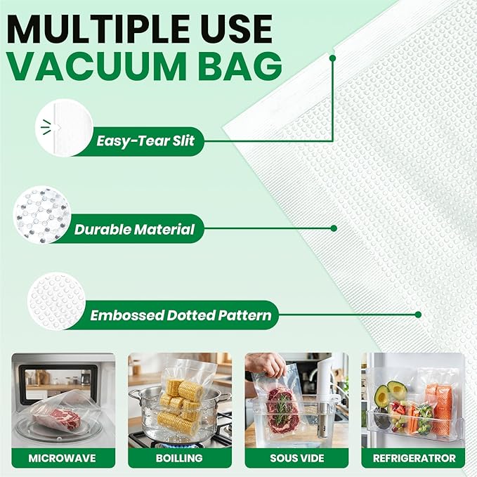 FUNFERY 200 PCS Precut Quart Vacuum Sealer Bags for Food 11" x 16" BPA Free | Airtight Vacuum Seal Freezer Bags for Food Storage, Meal Prep, Sous Vide and Bulk Freezing