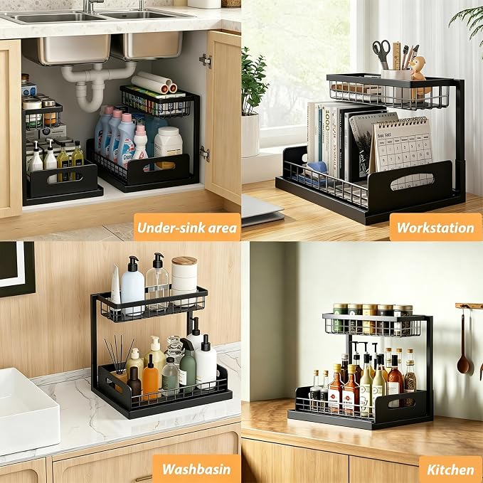 2 Pack Upgraded Under Sink Organizer, 2 Tier Pull out Kitchen Cabinet Organizer Metal Slide out Bathroom Organizers and Storage Makeup Drawer Organizer for Office Bedroom Restroom Living Room, L-Black