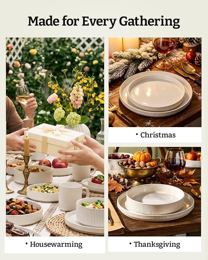 Famiware Stoneware Dinnerware Sets for 8, 24pc Rimmed Plates, Bowls, Dishes | Chip & Scratch Resistant Ceramic, Microwave & Dishwasher Safe, Everyday & Formal Use, Modern Rustic, Lipped Edges, Oat White