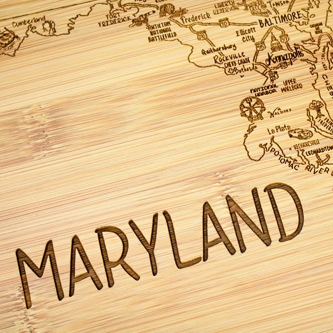 Totally Bamboo A Slice of Life Maryland Engraved Map Cutting Board | 11” x 8.75” charcuterie board with engraved state map artwork. Smooth reverse side for food prep. Hang tie for wall display.