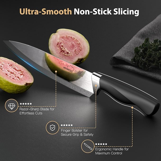 Knife Set, Amorston 14-Piece Kitchen Knives Set with Block & Sharpening Stone, Stainless Steel Dishwasher Safe, Knife Block Set with Ergonomic Handle, Professional Kitchen Knives for Home Cooking