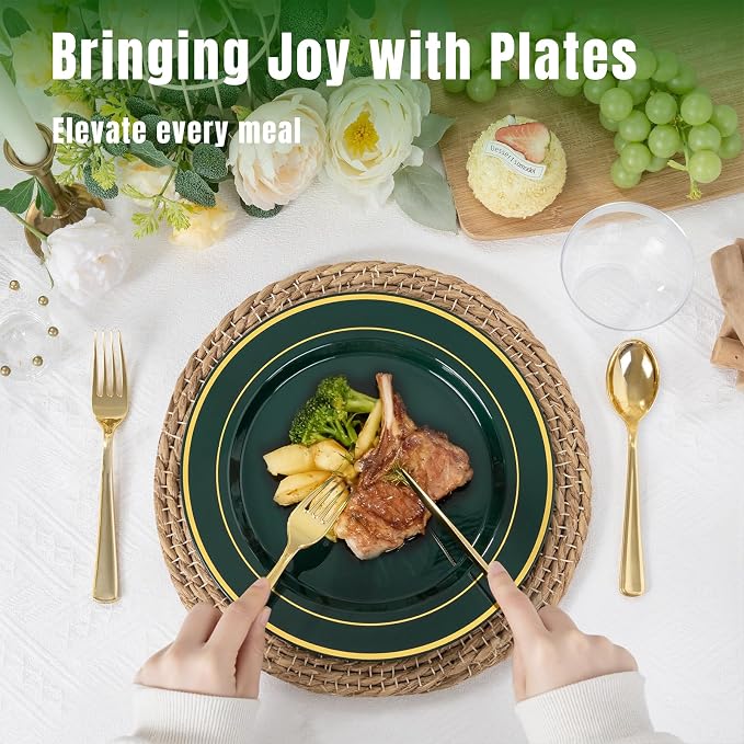 175PCS Green Plastic Plates - Green and Gold Disposable Plates 25Guests Plastic Plates with Rolled Napkins for Birthday/Party/Wedding