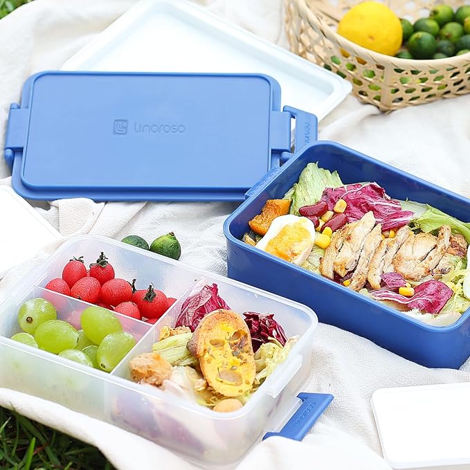 Stackable 2-Tier Adult Bento Box, 4 Compartments - Classic Blue | leakproof sauce cups, utensil set included, microwave & dishwasher safe, 7 colors available, ideal for work/school/picnic