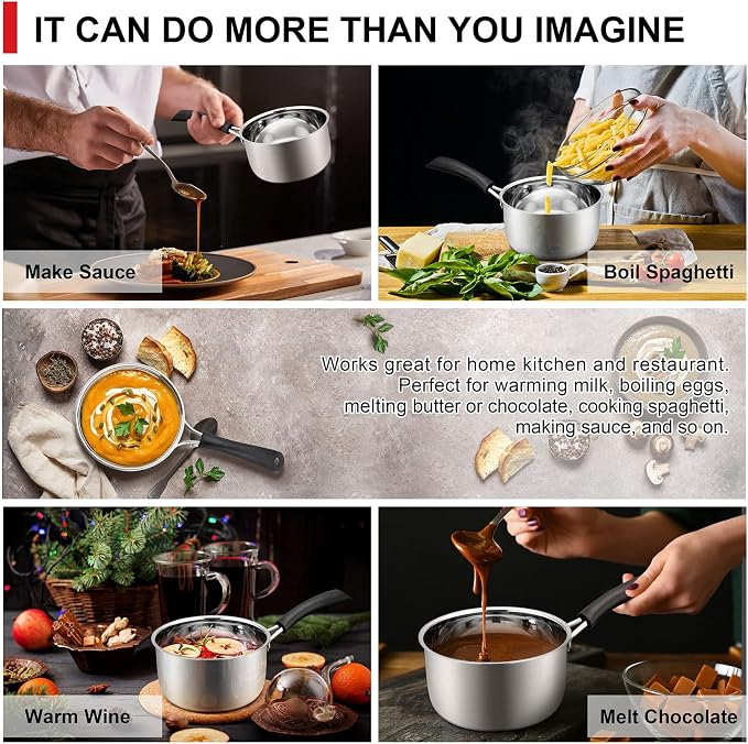 1QT Saucepan with Lid, Joyfair 18/10 Stainless Steel Small Sauce Pan Pot | Kitchen Cookware Milk Pot with Glass Lid for Cooking Stewing Boiling Spaghetti Soup, Heat-proof Handle, Dishwasher Safe