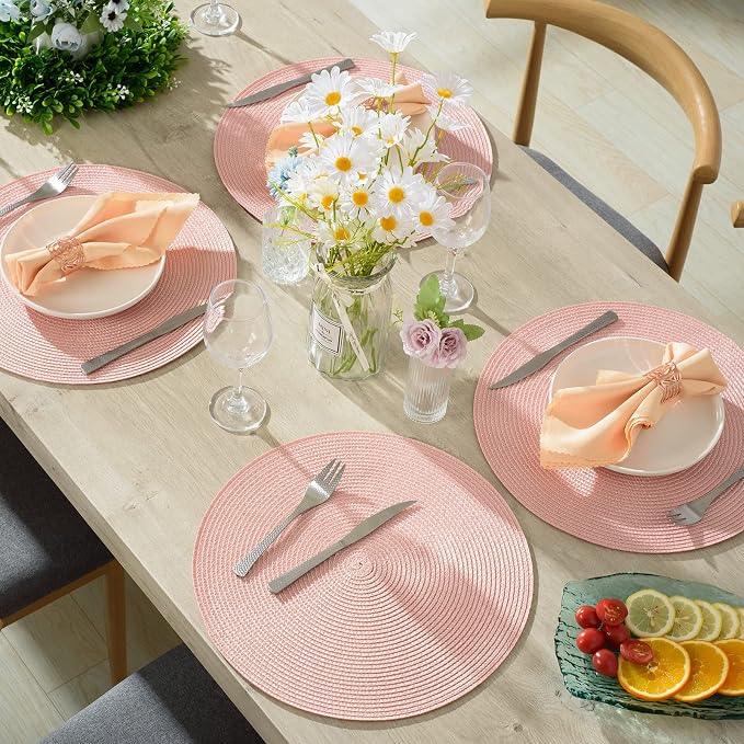 AHHFSMEI Round Placemats Set of 8 Heat Resistant Washable Non-Slip Woven Braided Table Mats for Dining Table Kitchen & Home Decor (Pink,8)