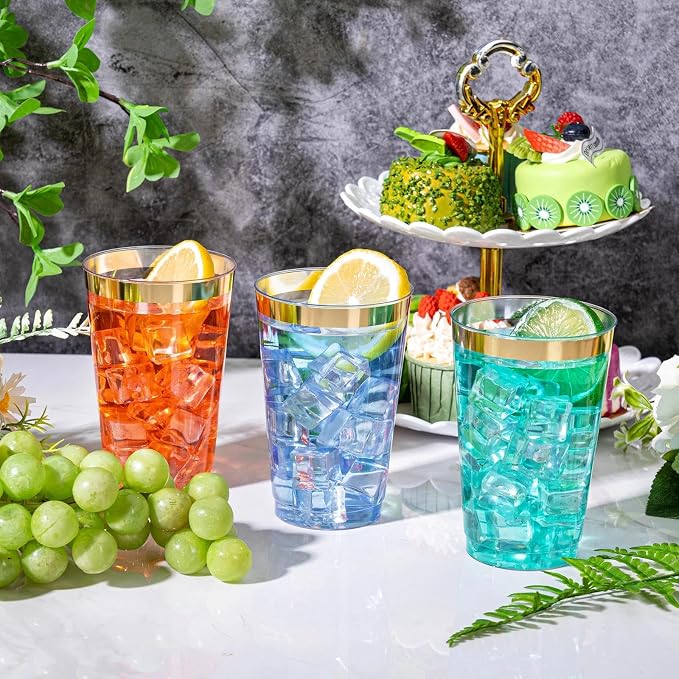 I00000 50 Pack 14 oz Gold Plastic Cups, Gold Disposable Cups Tumblers, Disposable Plastic Wine Glasses Cocktail Glasses Perfect for Wedding & Parties