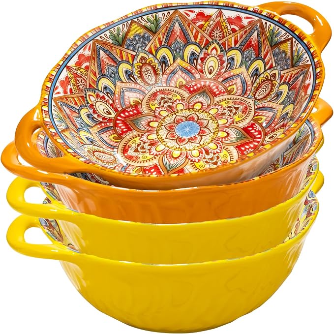 XKXKKE 4 Pack Boho Ceramic Serving Bowls with Handles, 40 Oz Porcelain Salad Bowls, Large Serving Dishes for Entertaining, Mixing Bowls for Soup, Stew, Pasta, Cereal, Colorful Embossed Cute Bowls Set