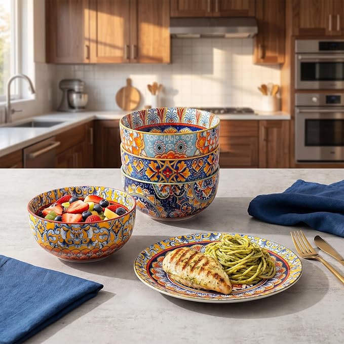 12-Piece Bohemian Porcelain Dinnerware Set for 4, Colorful Plates & Bowls | Ceramic Dish Set for Kitchen, Scratch Resistant, Microwave & Dishwasher, Decorative Tableware for Wall Decor & Housewarming