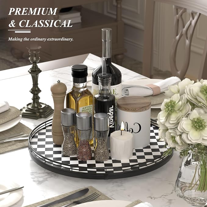 AMH 16-Inch Black and White Checkerboard Lazy Susan Decorative Tray | Smooth rotating oak tray with walnut finish for dining tables, kitchen counters, pantries and cabinet storage.