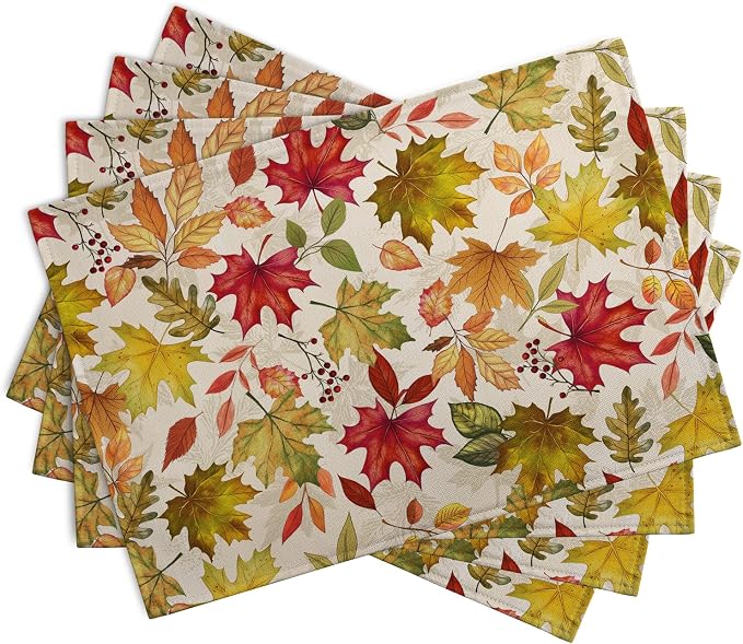 Fall Maple Leaves Placemats Set of 4 12x18 Inch Thanksgiving Autumn Colorful Leaf Dining Table Mats Rustic Seasonal Farmhouse Place Mats for Kitchen Party Home Decoration
