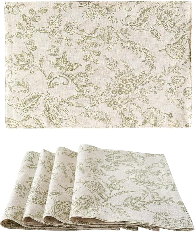 jinchan Linen Floral Placemats Set of 4 Farmhouse 13x19 Inch Green | Fabric Placemats, Cottage Style, Vintage Botanical Pattern, Machine Washable, Easy to Store, Reusable