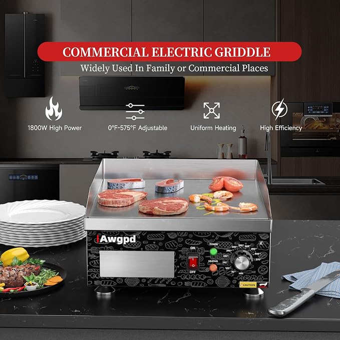 14" Commercial Electric Griddle,Electric Countertop Flat Top Griddle | 110V 1800W Electric Flat Top Grill,Non-Stick Restaurant Teppanyaki Stainless Steel Grill,Adjustable Temperature Control
