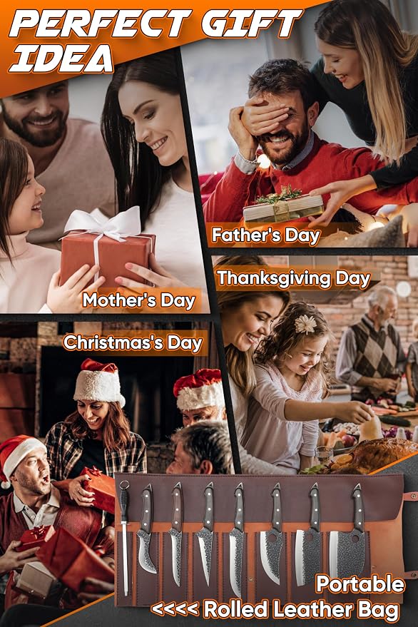 ROCOCO Butcher Cleaver Knife Set - 13PCS Serbian Chef Viking Boning Knife | Meat Cutting Knives with Roll Bag for Kitchen Outdoor BBQ Camping Birthday Christmas Father Mother Gift Idea Men