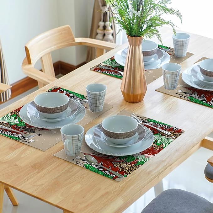 Watercolor Xmas Tree Placemats for Dining Table Set of 4, 12 x 18 Inch Winter Snowflake Heat Resistant Xmas Linen Dining Table Mats for Home Kitchen Tabletop Decoration