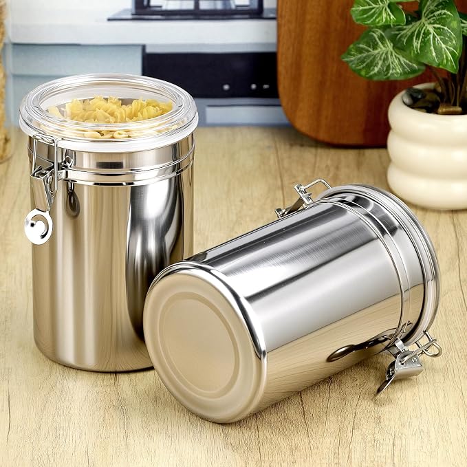 QWORK 62oz Stainless Steel Airtight Canister, Kitchen Storage Canister for Flour Coffee Beans, 5" x 7.5"