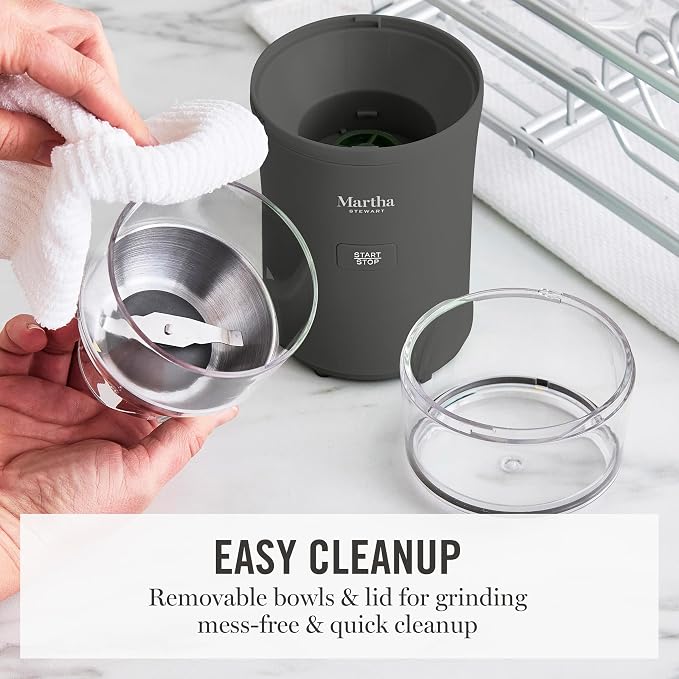 Martha Stewart Electric Coffee & Spice Grinder with Dual Bowls, Caviar Gray | Dual 2.5oz Removable Bowls for Coffee Beans, Nuts, Herbs & Spices, Stainless Steel Blade, One-Touch Pulse Control, Easy Clean