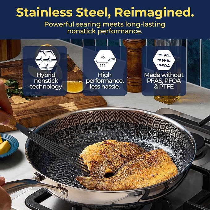12 Inch Hybrid Nonstick Frying Pan, Tri-Ply Stainless Steel Pan with Non-Toxic Ceramic Coating, FDA Compliant & PFAS-Free, Dishwasher & Oven Safe, Induction & All Cooktops Compatible